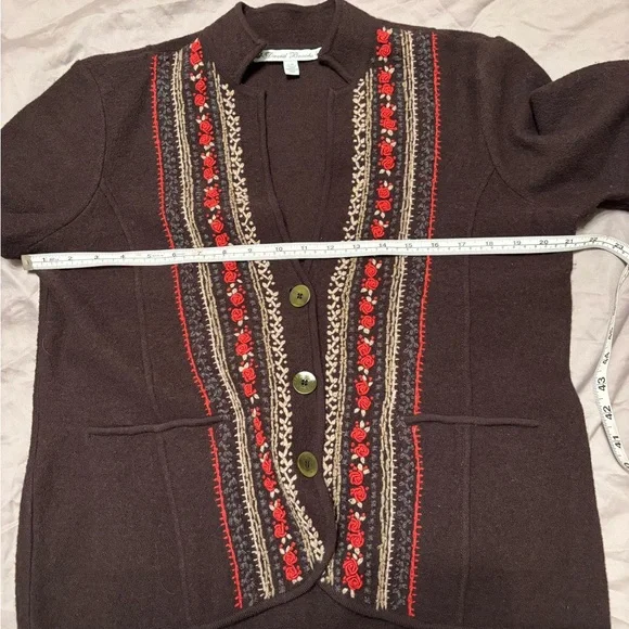 David Brooks 100% Wool Embroidered Cardigan Sweater Jacket Brown Floral Size L - Picture 8 of 12